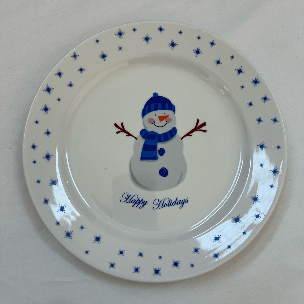 Pacific Island Creations Happy Holidays Plate 8" Snowman Christmas Blue White